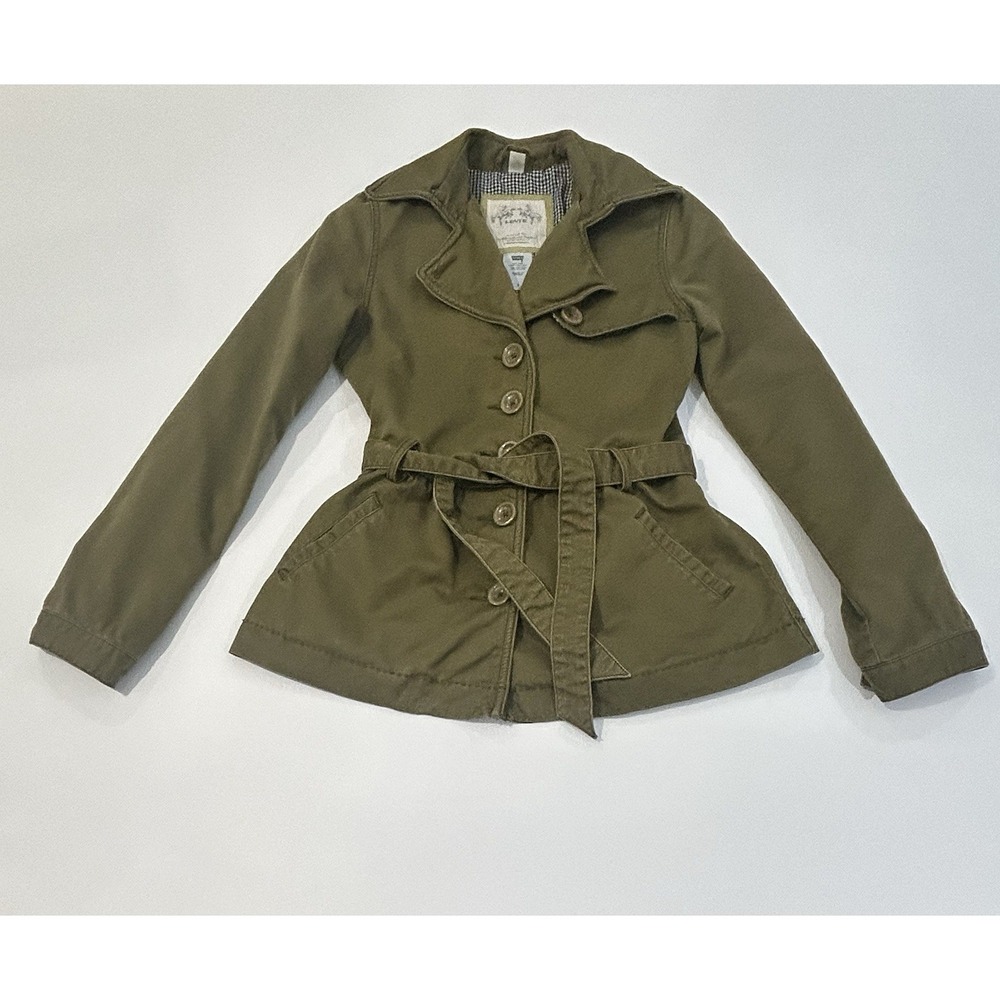 Levis Mid Length belted Trendy Fitted Trench Jacket Coat Olive Green Size Small